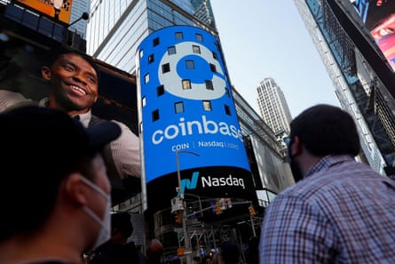 The logo for Coinbase on the Nasdaq MarketSite jumbotron in Times Square.