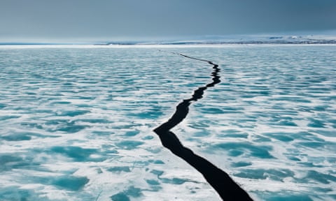 A large crack in the sea ice near Baffin Island in Nunavut in Canada's far north.