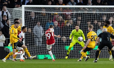 Arsenal’s Leandro Trossard scoring his side’s first goal against Wolves.