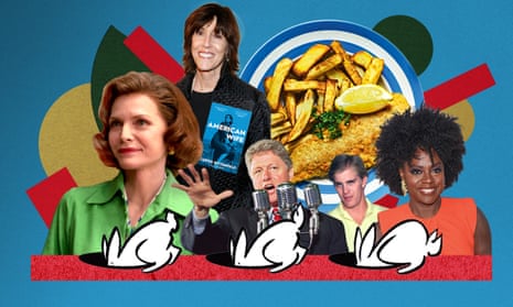 Composite of images of Michelle Pfeiffer, Nora Ephron, Bill Clinton, Steven Ford and Viola Davis, with black and white cartoon rabbits going down holes in a red line