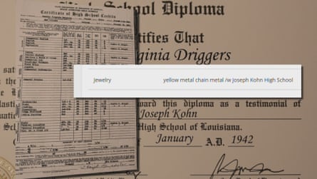 A graphic illustration that appears to include a high school diploma, a description of jewelry and one other document.