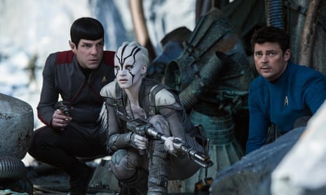 Issues ... from left: Zachary Quinto as Spock, Sofia Boutella as Jaylah, and Karl Urban as Bones McCoy in Star Trek Beyond