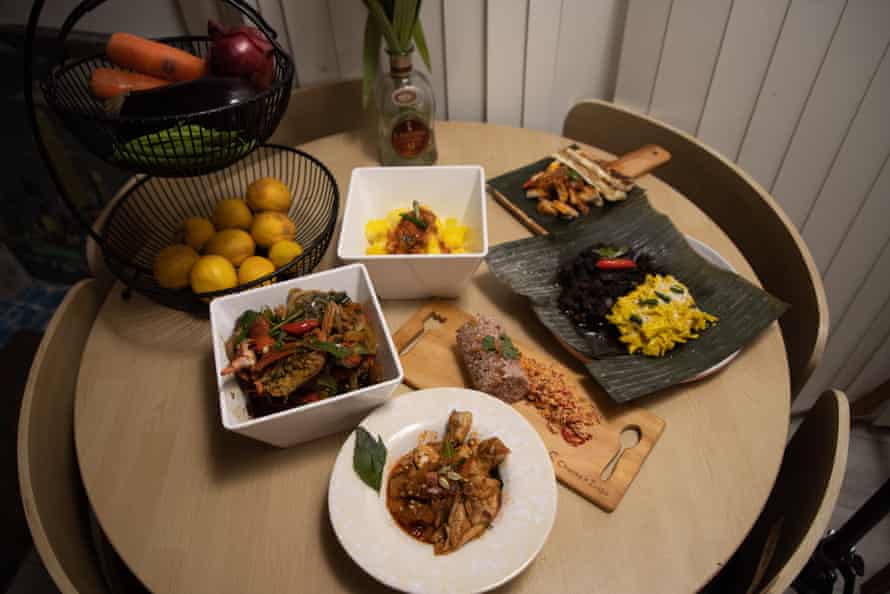 Dishes made by Curry House including pittu and sambol, Jaffna crab curry and mus (black pork curry and yellow jackfruit), manyokka and onion chilli sambol and egg rotti