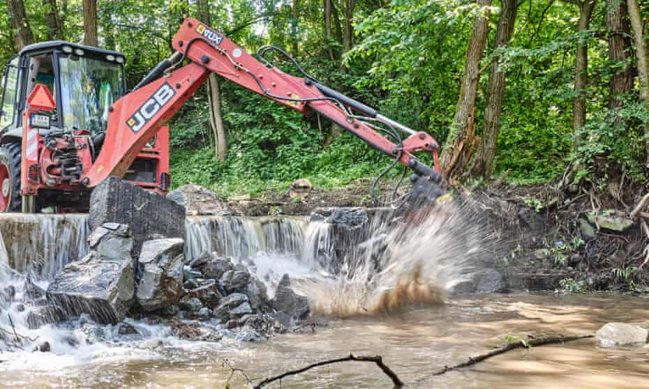 A structure is removed on the Hučava River in Slovakia, June 2021.