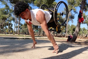 Amman, JordanAbdul Rahman Makhlouf, 19, who hopes one day to achieve a Guinness World Record, practises calisthenics in a wheelchair