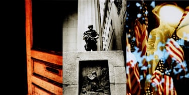 graphic of a drawer, a man with a gun and a person behind american flags