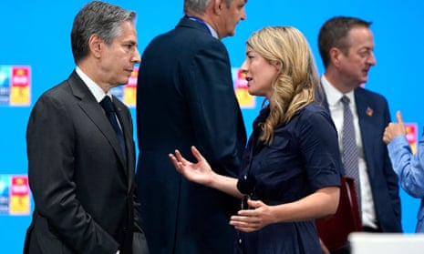US Secretary of State Antony Blinken (L) speaks with Canadian Foreign Minister Melanie Joly during a round table meeting at a NATO summit in Madrid, on June 29, 2022.