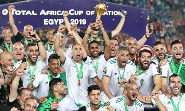 Riyad Mahrez lifts the trophy as Algeria celebrate winning the 2019 Africa Cup of Nations