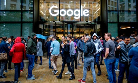 Google workers stage a walkout at the company’s UK headquarters in London. The company has previously come under fire for its handling of sexual harassment. 