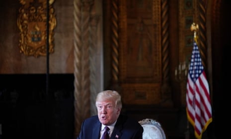 Donald Trump speaks to the press after talking to members of the military via teleconference from his Mar-a-Lago resort in Palm Beach, Florida, Thursday.