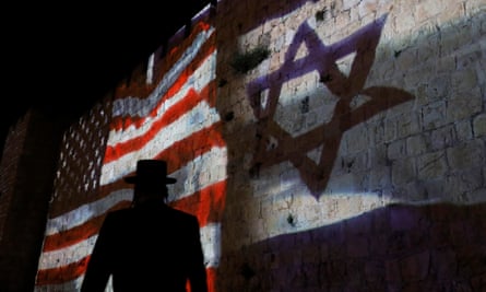 The US and Israeli flags are projected on the walls of Jerusalem’s Old City in May.