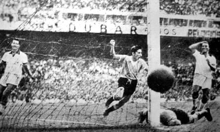 Uruguay player Alcides Ghiggia scores at the Maracanã.