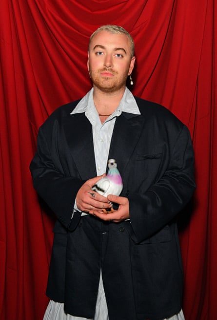Sam Smith with the pigeon bag, at the Harris Reed show in September