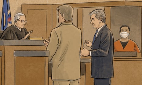 In this courtroom sketch, former Minneapolis police officer Tou Thao, right, watches as his defense attorney, Robert Paule, second from right, and Prosecutor Matthew Frank stand before Judge Peter Cahill in Minneapolis on Monday.