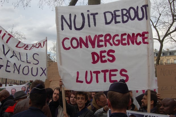 Day five of the protest in Paris. The phrase convergence des luttes express solidarity with other causes.