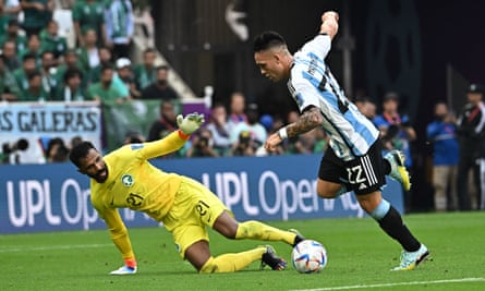 Lautaro Martinez of Argentina puts the ball in the net but the goal was disallowed