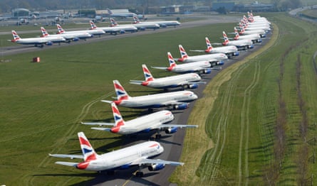 British Airways aircraft parked at Bournemouth airport on 27 March 2020