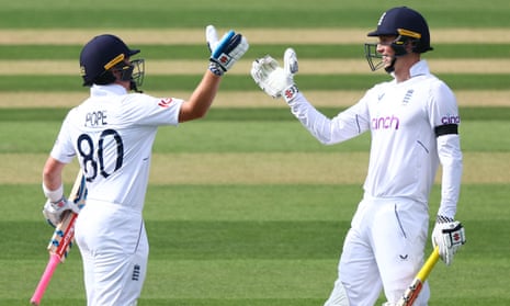 England opening batsman Zak Crawley (right) and Ollie Pope celebrate after Crawley hit the winning runs.