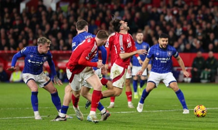 Jota Silva of Nottingham Forest reacts as he is fouled in the penalty area