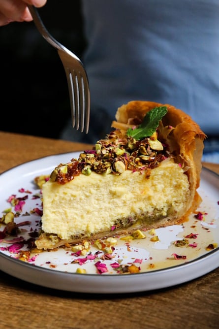 A slice of Baklava cheesecake at Nuba restaurant in Vancouver.