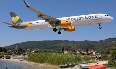A Thomas Cook jet lands at Skiathos in Greece.