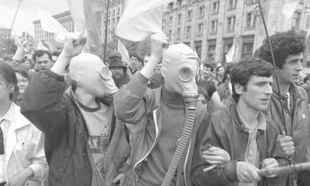 From Chernobyl: History of a Tragedy … Ukrainians protesting at the cover-up of the consequences of the Chernobyl accident and demanding independence in April 1990.