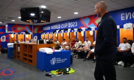 Steve Borthwick speaks to his England team inside the dressing room after the World Cup semi-final defeat by South Africa.