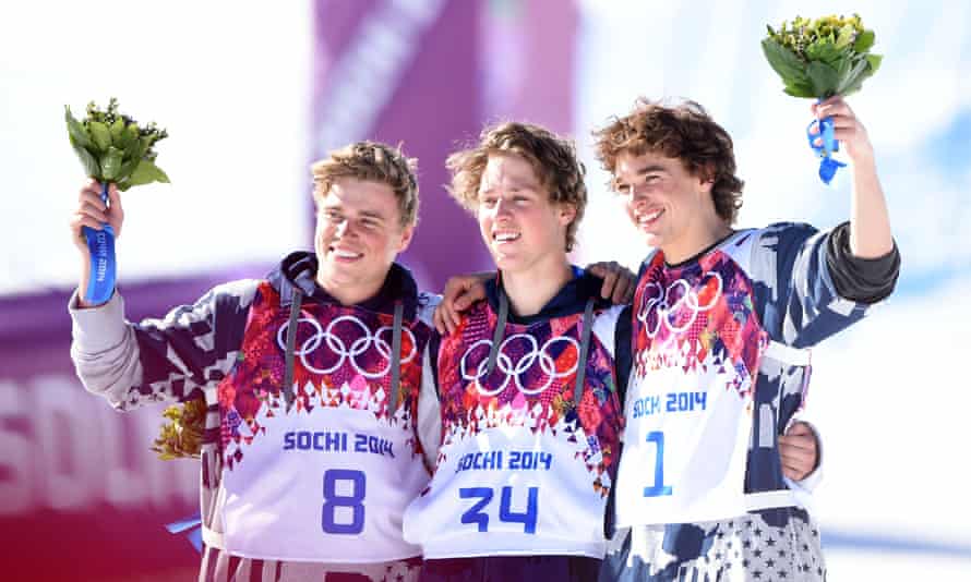 Kenworthy, Joss Christensen (centre) and Nicholas Goepper celebrate their medal wins for the United States in the men’s ski slopestyle at the Sochi 2014 Winter Olympic Games