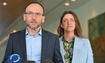 Greens leader Adam Bandt with senator Steph Hodgins-May at Parliament House in Canberra on Tuesday.