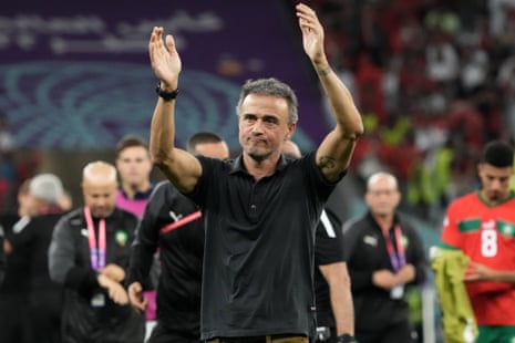 Luis Enrique departs the field ruefully after Spain’s penalty shootout defeat to Morocco