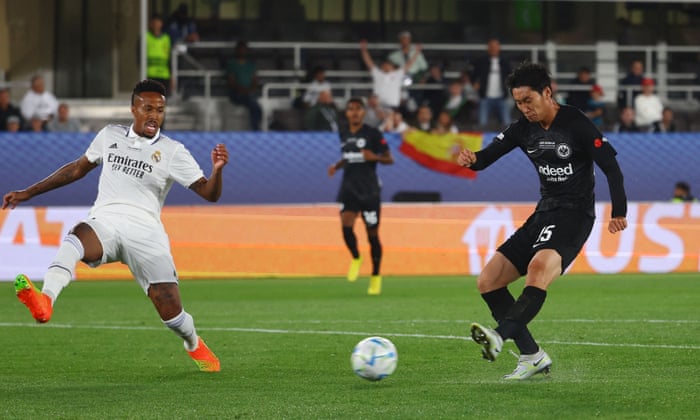 Eintracht Frankfurt’s Daichi Kamada shoots at goal.
