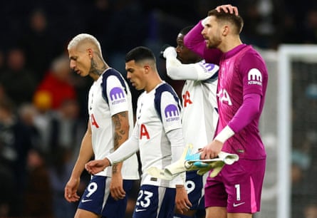Richarlison, Pedro Porro, Randal Kolo Muani and Guglielmo Vicario look dejected as they walk off at half-time.