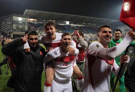 Turkey’s Mert Muldur, Zeki Celik and Arda Guler after qualifying for the World Cup