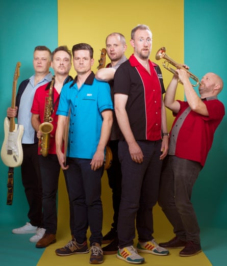 All that jazz … (from left) The Horne Section: Mark Brown, Ed Sheldrake, Ben Reynolds, Will Collier, Alex Horne and Joe Auckland.