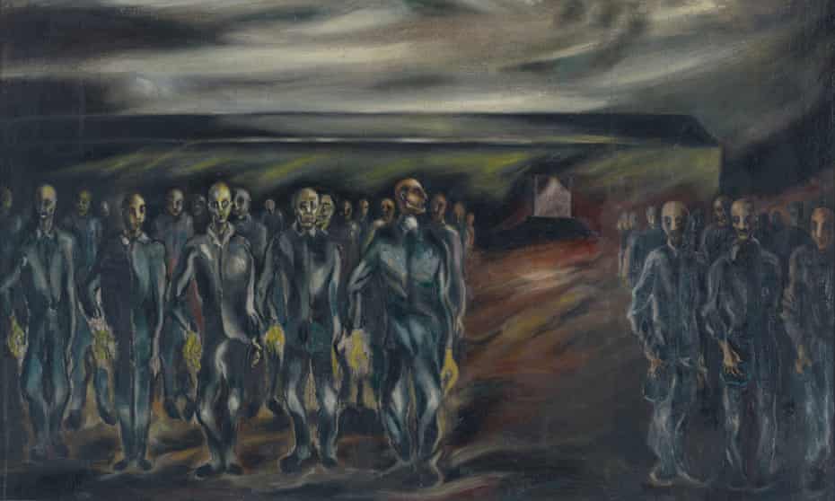Roll Call in Concentration Camp by Boris Lurie. Some of the paintings evoke a true dread.