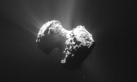An image of the comet 67P/Churyumov-Gerasimenko taken by the Navcam camera of the Rosetta orbiter from a distance of 171km (106 miles) from the comet centre.