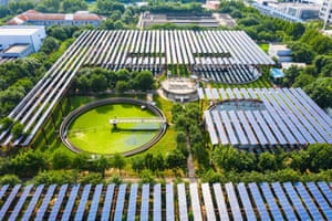 Zhengzhou, China: Solar panels built over a sewage treatment plant, as the plant uses photovoltaic power to partly replace coal power