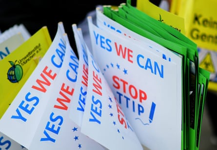 ‘Yes we can stop TTIP’ mini-flags are on display during a rally and demonstration against the TTIP in Hannover, Germany, last weekend.