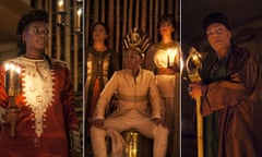 L-r: Sarah Niles (Bolingbroke), Ayesha Dharker (Aumerle), Adjoa Andoh (Richard II), Leila Farzad (Queen) and Doña Croll (John of Gaunt) in Richard II at the Sam Wanamaker Playhouse.