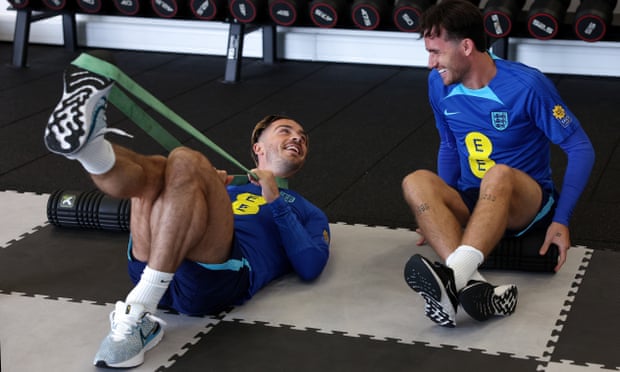 Jack Grealish (left) with his England teammate Ben Chilwell during a session in the gym.