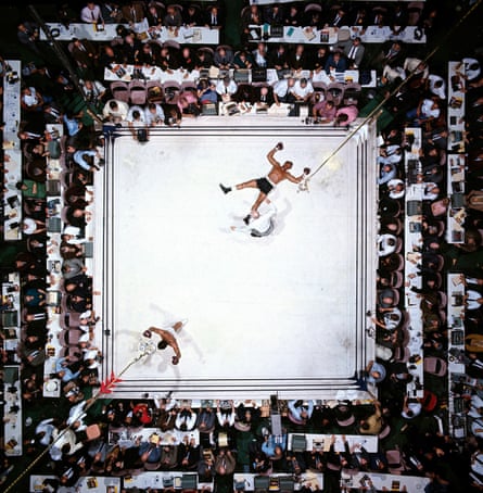 Aerial view of Muhammad Ali victorious after round 3 knockout of Cleveland Williams during fight at Astrodome. Houston, TX 11/14/1966