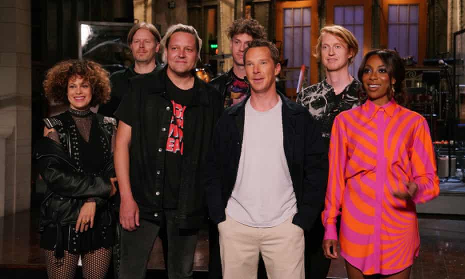 Musical guest Arcade Fire, host Benedict Cumberbatch, and Ego Nwodim.