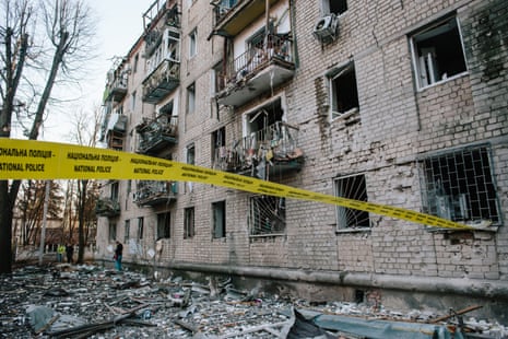 A residential building damaged in Kharkiv, Ukraine, where local officials say Russian aerial bombs on Wednesday killed at least one civilian.