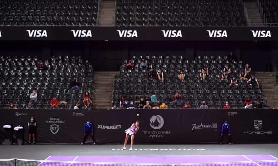 Emma Raducanu serves during her first-round match against Slovenia’s Polona Hercog at the Transylvania Open in Cluj