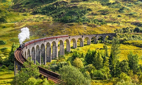 The Jacobite tourist train on the Glenfinnan viaduct – or possibly on the way to Hogwarts.