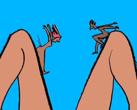 Illustration of two tiny people sliding joyfully between giant legs