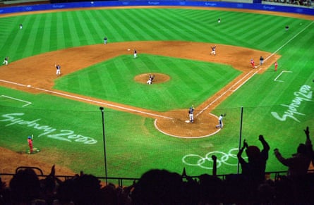 Team USA celebrate winning gold after victory in the baseball final over Cuba at the 2000 Olympic Games in Sydney, Australia.