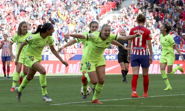 The English forward Toni Duggan wheels away after scoring the second Barcelona goal in their victory.