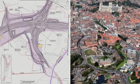 The planned Black Cat interchange near Bedford and a similar scale picture of York city centre