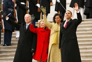 Barack Obama with former first lady Michelle and Joe Biden with Dr Jill Biden, his wife.